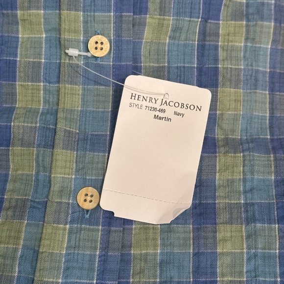 New Henry Jacobson, size Large, blue/sea foam cotton seersucker sport shirt - Picture 3 of 3